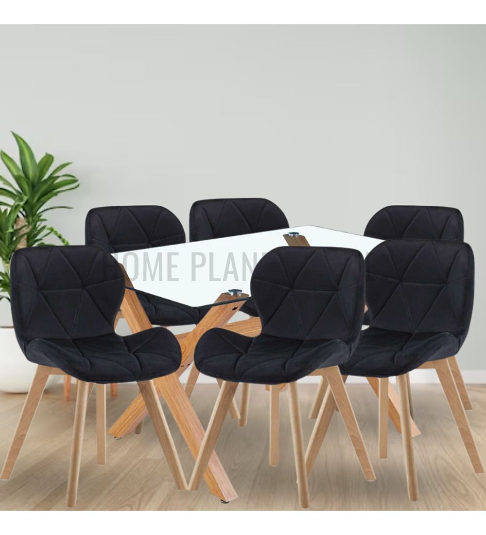 Comedor Hamar rectangular vidrio 130x80 cm con 6 Sillas Radar Velvet