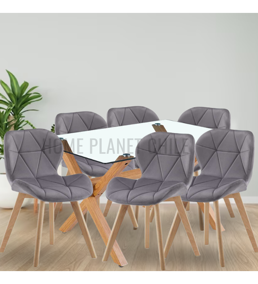 Comedor Hamar rectangular vidrio 130x80 cm con 6 Sillas Radar Velvet