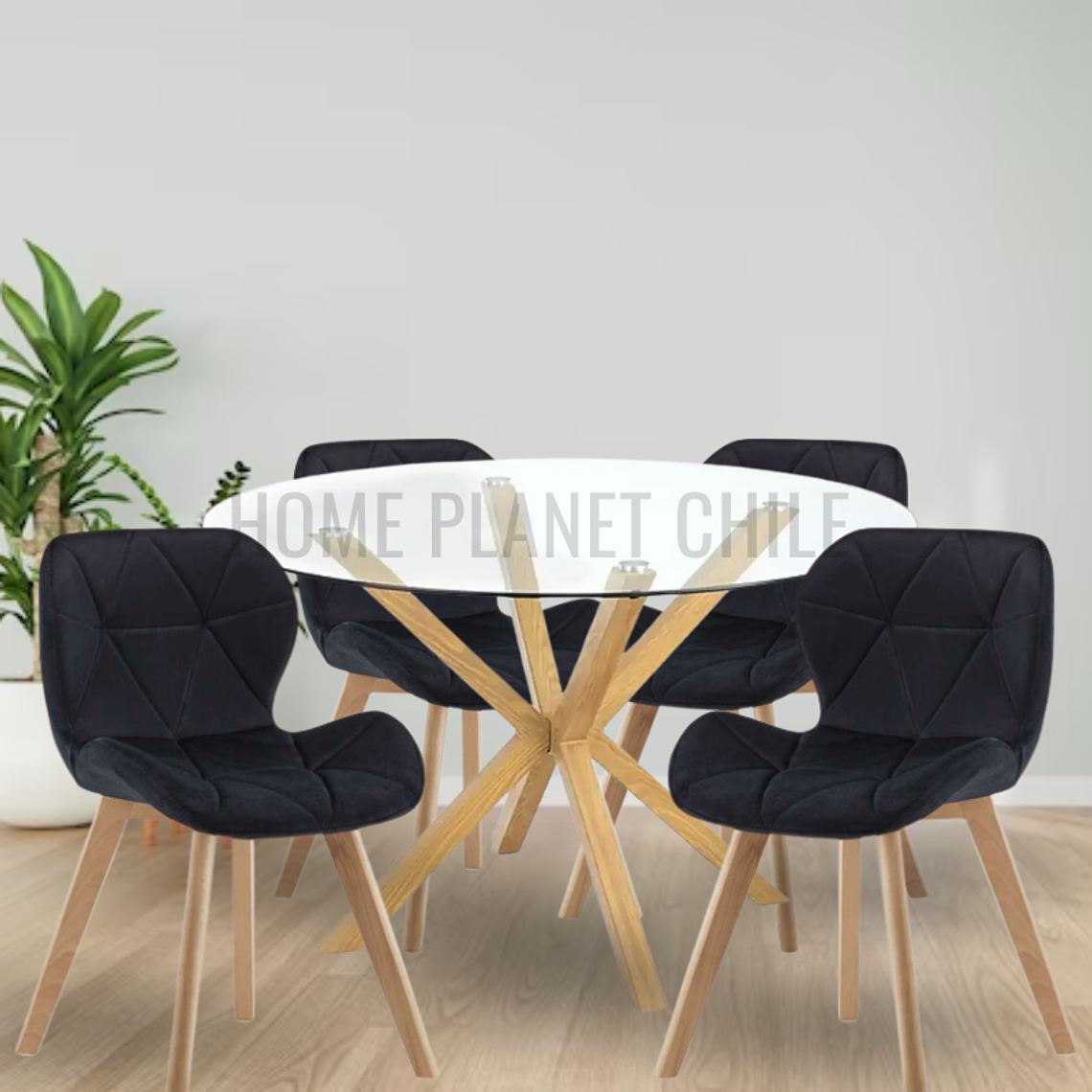 Comedor Loen redondo vidrio 100 cm con 4 Sillas Mariposas Rubik Wood Velvet 1