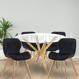 Comedor Loen redondo vidrio 100 cm con 4 Sillas Mariposas Rubik Wood Velvet