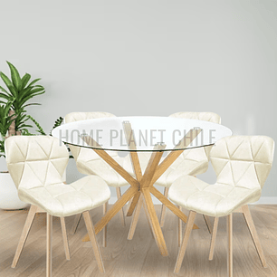 Comedor Loen redondo vidrio 100 cm con 4 Sillas Mariposas Rubik Wood Velvet
