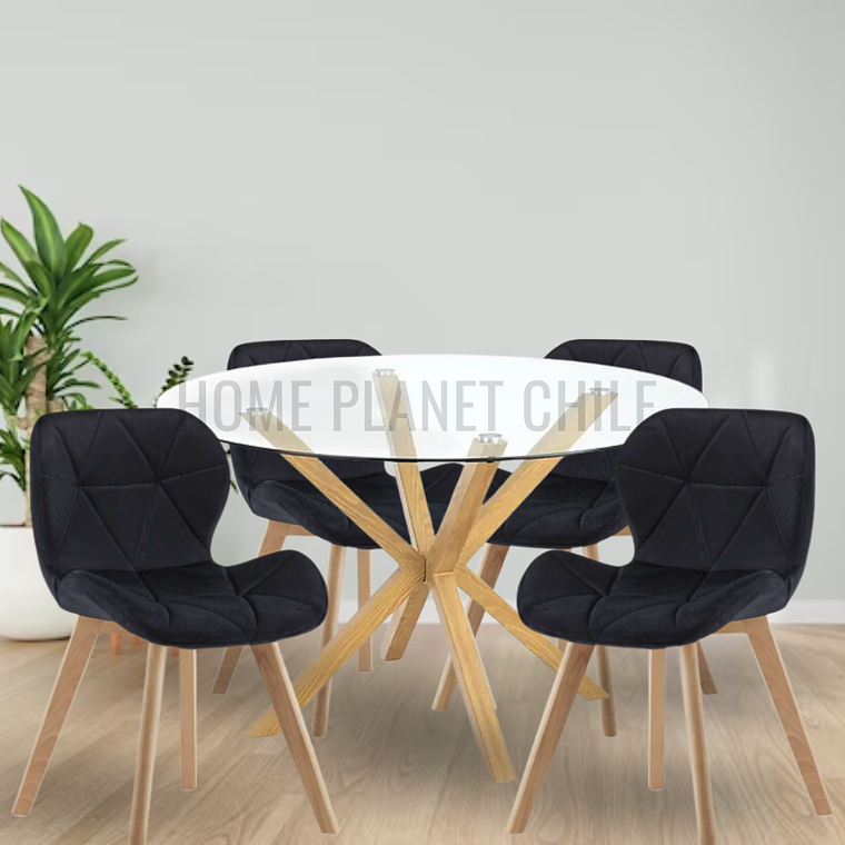 Comedor Loen redondo vidrio 120 cm con 4 Sillas Mariposas Rubik Wood Velvet 3