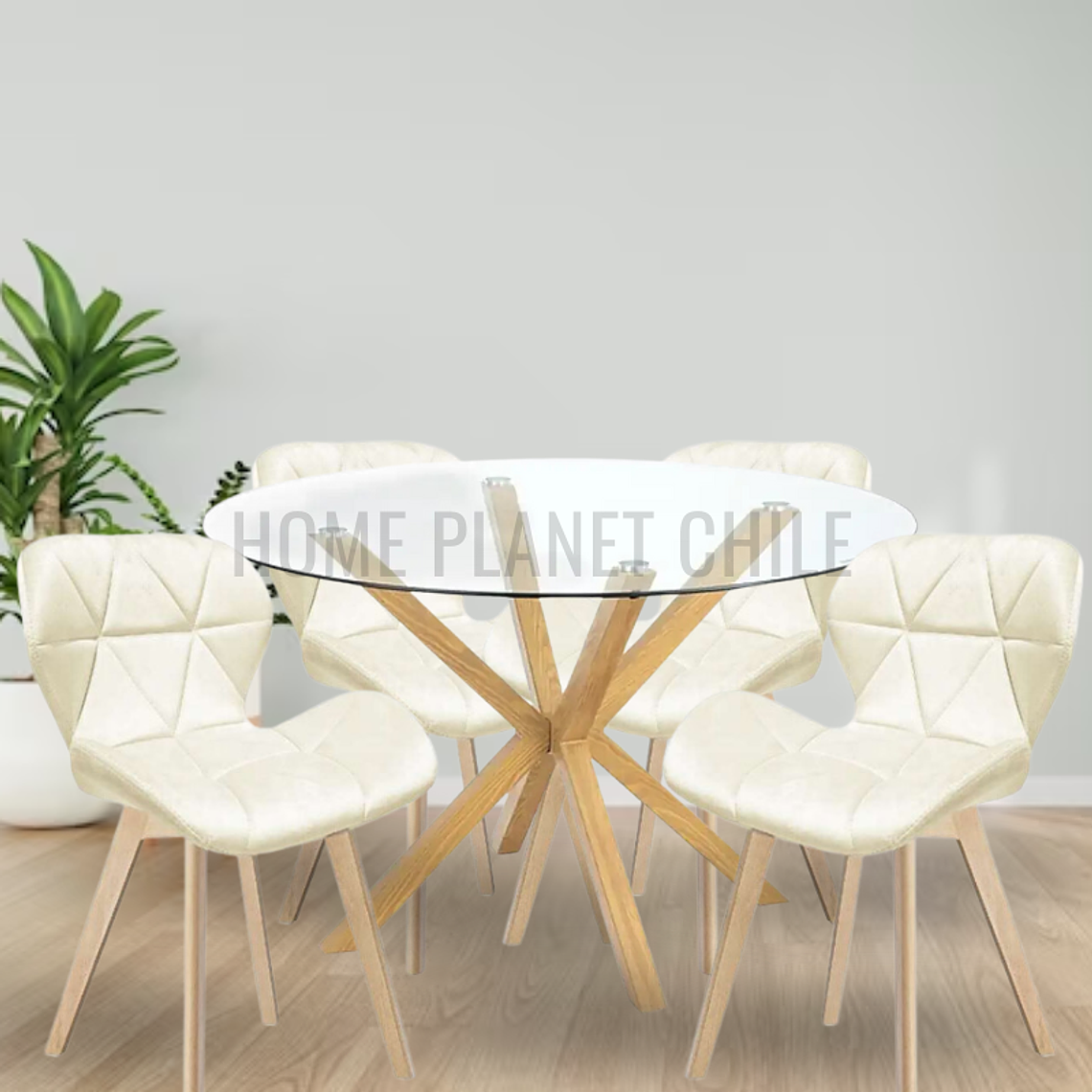 Comedor Loen redondo vidrio 120 cm con 4 Sillas Mariposas Rubik Wood Velvet 1