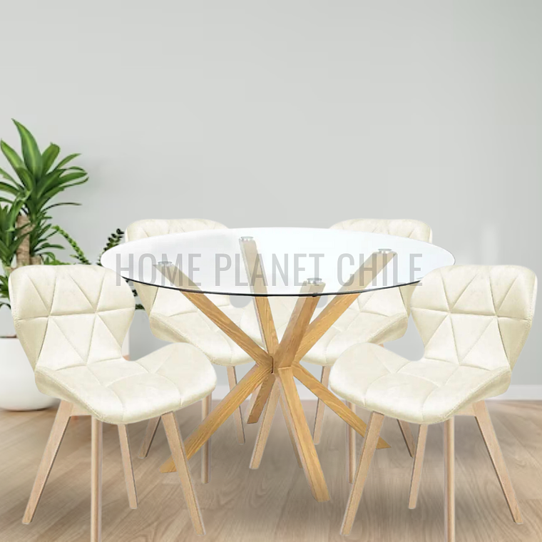 Comedor Loen redondo vidrio 120 cm con 4 Sillas Mariposas Rubik Wood Velvet 1