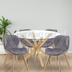 Comedor Loen redondo vidrio 120 cm con 4 Sillas Mariposas Rubik Wood Velvet