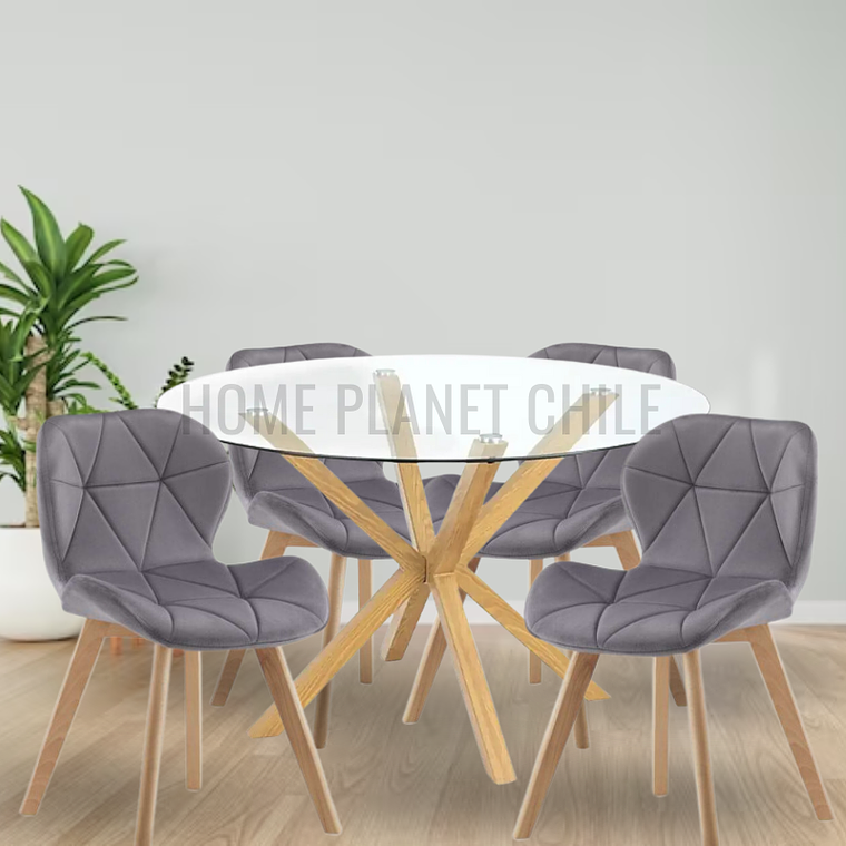 Comedor Loen redondo vidrio 120 cm con 4 Sillas Mariposas Rubik Wood Velvet 2