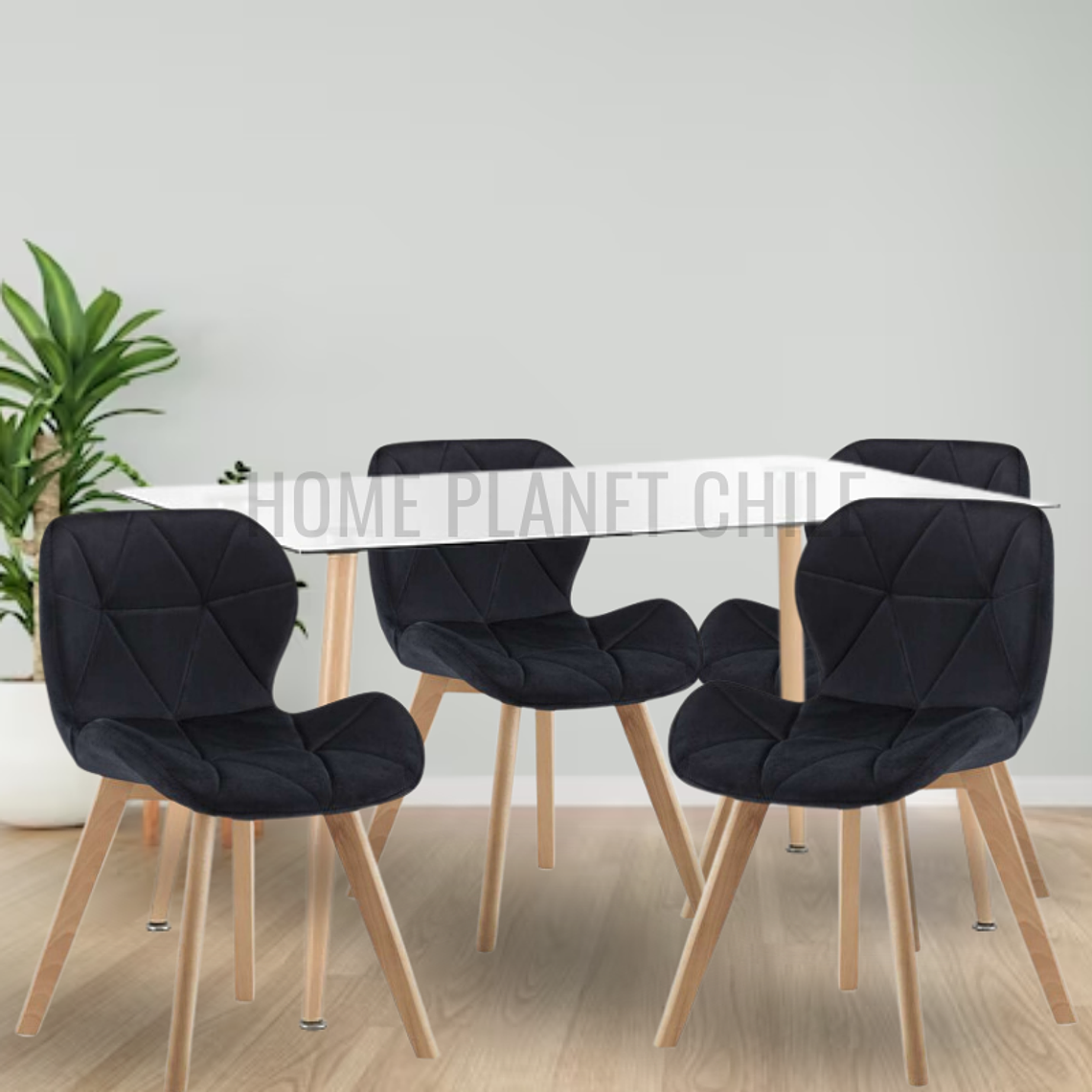 Comedor Paris Wood rectangular vidrio 120x80cm y 4 Sillas Mariposas Rubik Wood Velvet 1