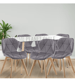 Comedor Paris Wood rectangular vidrio 120x80cm y 6 Sillas Radar Velvet