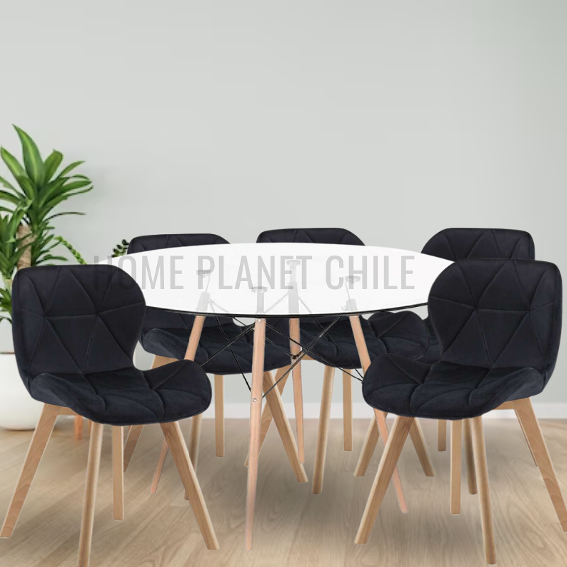 Comedor Viena Wood redondo vidrio 100 cm con 5 Sillas Mariposas Rubik Wood Velvet 2
