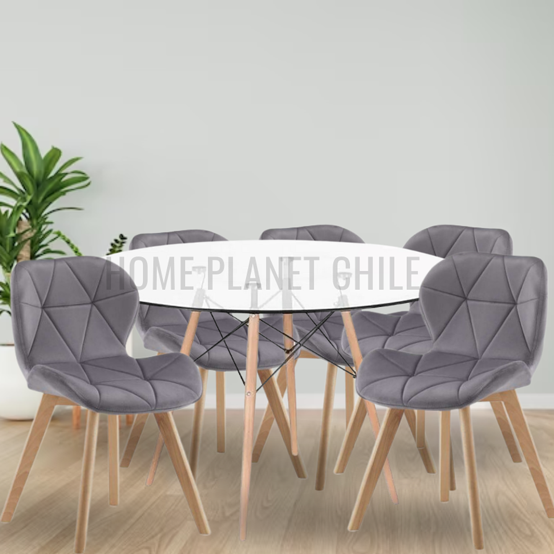Comedor Viena Wood redondo vidrio 100 cm con 5 Sillas Mariposas Rubik Wood Velvet 1