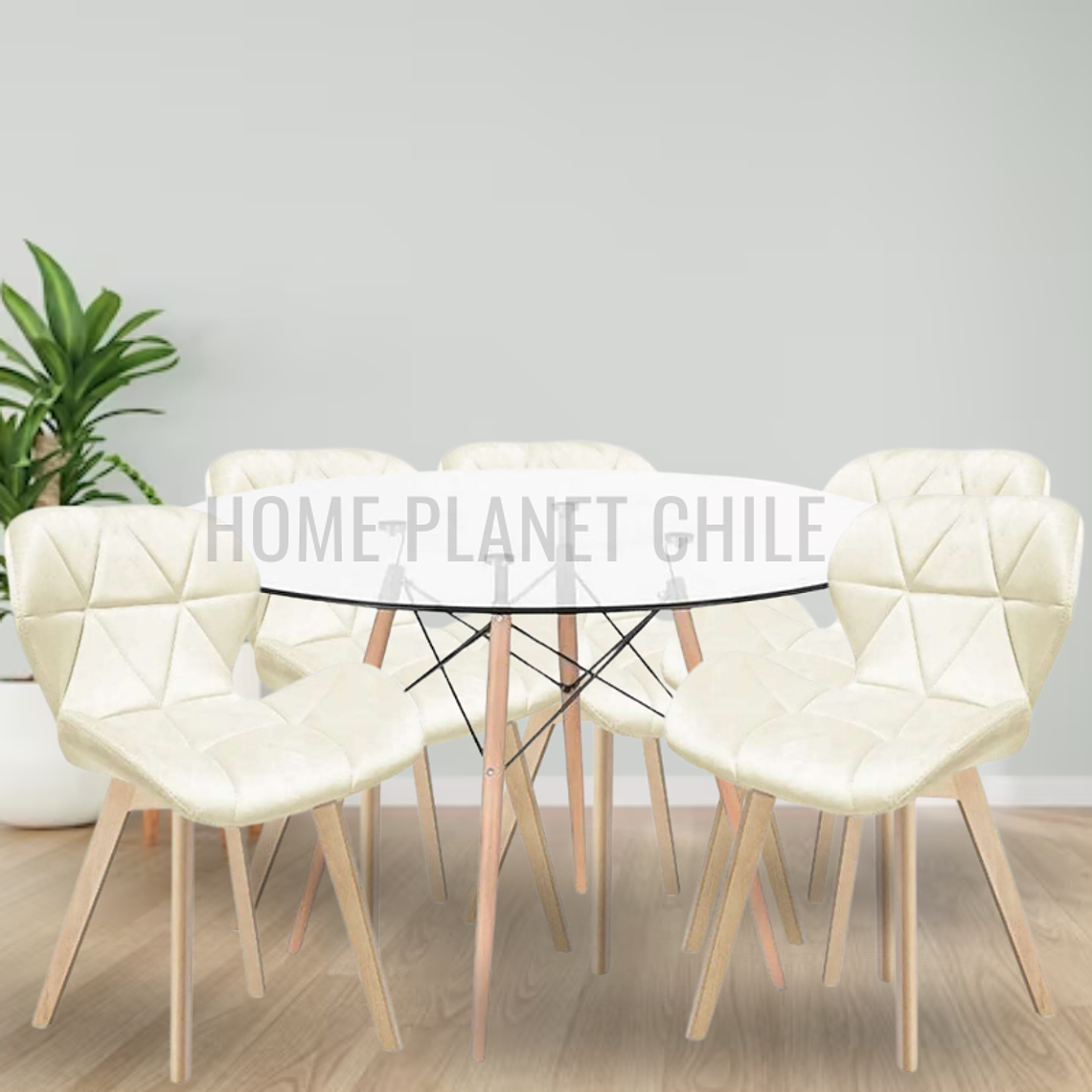 Comedor Viena Wood redondo vidrio 100 cm con 5 Sillas Mariposas Rubik Wood Velvet 3