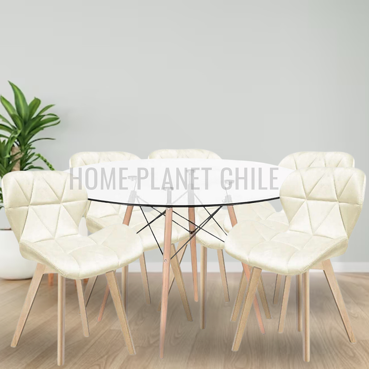 Comedor Viena Wood redondo vidrio 100 cm con 5 Sillas Mariposas Rubik Wood Velvet 3