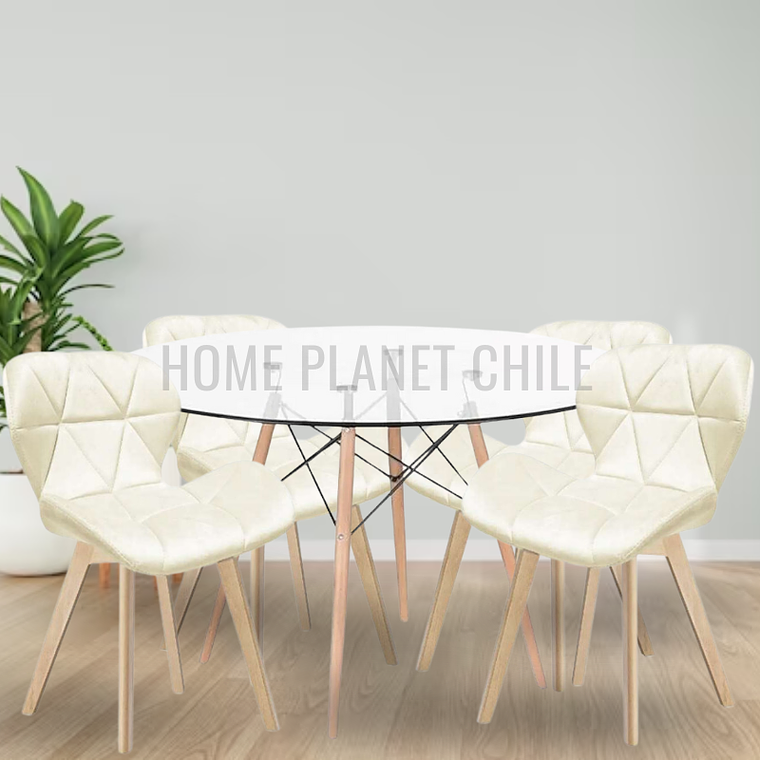 Comedor Viena Wood redondo vidrio 100 cm con 4 Sillas Mariposas Rubik Wood Velvet 1