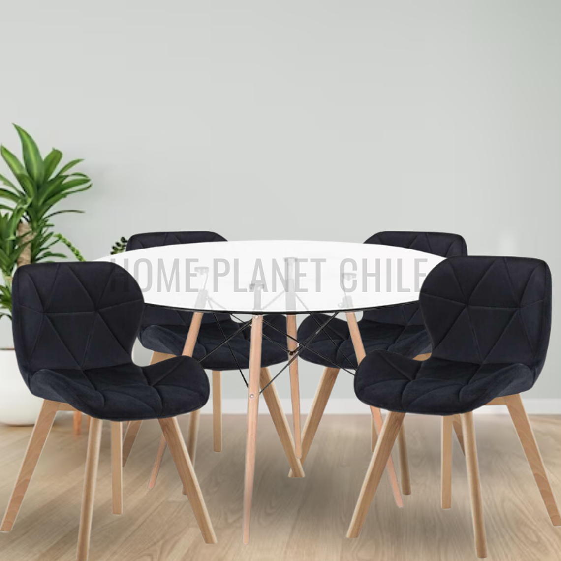 Comedor Viena Wood redondo vidrio 100 cm con 4 Sillas Mariposas Rubik Wood Velvet 3