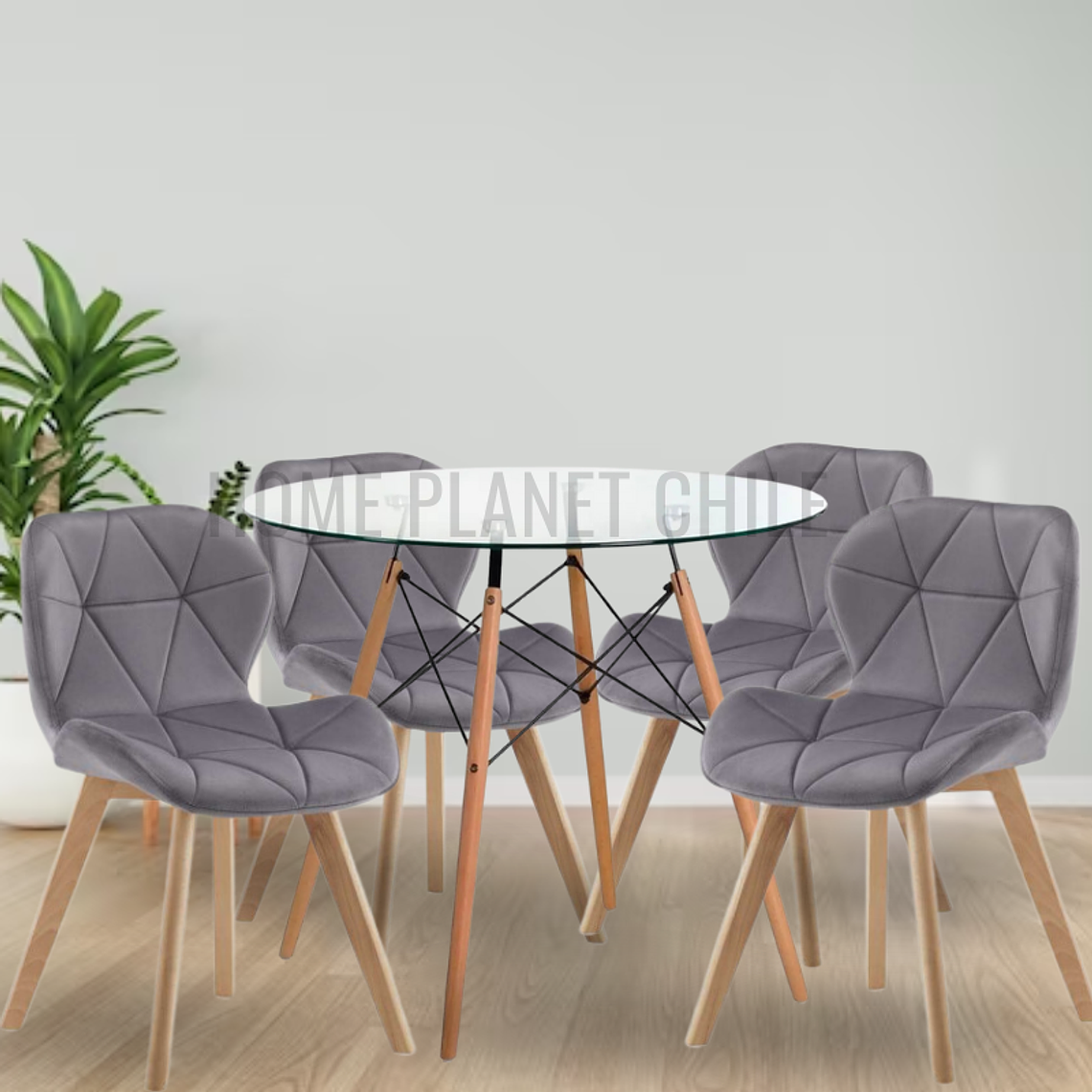Comedor Viena Wood redondo vidrio 80 cm con 4 Sillas Mariposas Rubik Wood Velvet 2