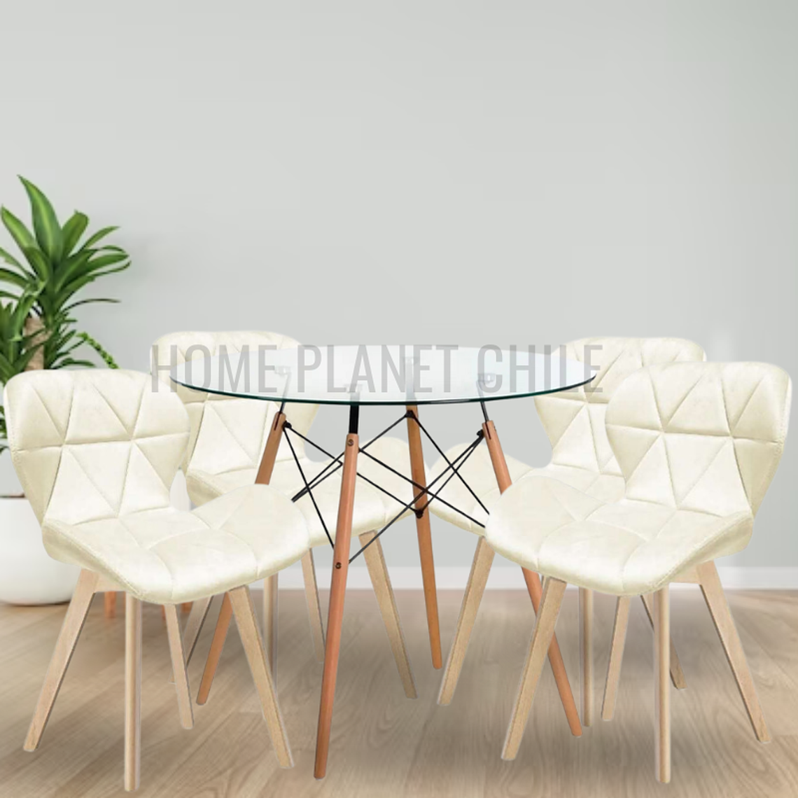 Comedor Viena Wood redondo vidrio 80 cm con 4 Sillas Mariposas Rubik Wood Velvet 3