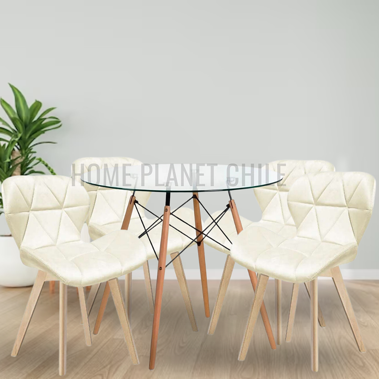 Comedor Viena Wood redondo vidrio 80 cm con 4 Sillas Mariposas Rubik Wood Velvet 3