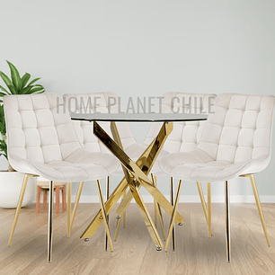 Comedor Kemi Gold redondo vidrio 80 cm con 4 Sillas Capitone Gold