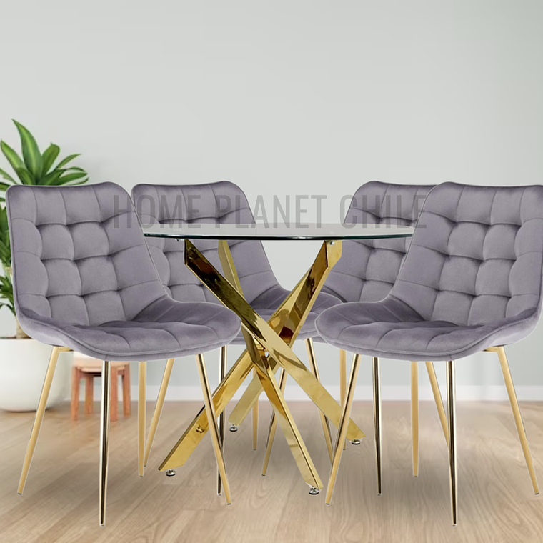Comedor Kemi Gold redondo vidrio 120 cm con 4 Sillas Capitone Gold 2