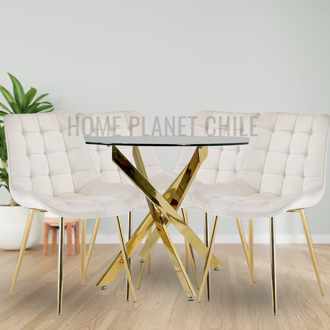 Comedor Kemi Gold redondo vidrio 120 cm con 4 Sillas Capitone Gold 3