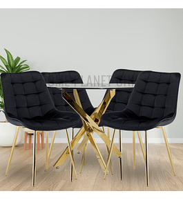 Comedor Kemi Gold redondo vidrio 120 cm con 4 Sillas buckle Gold