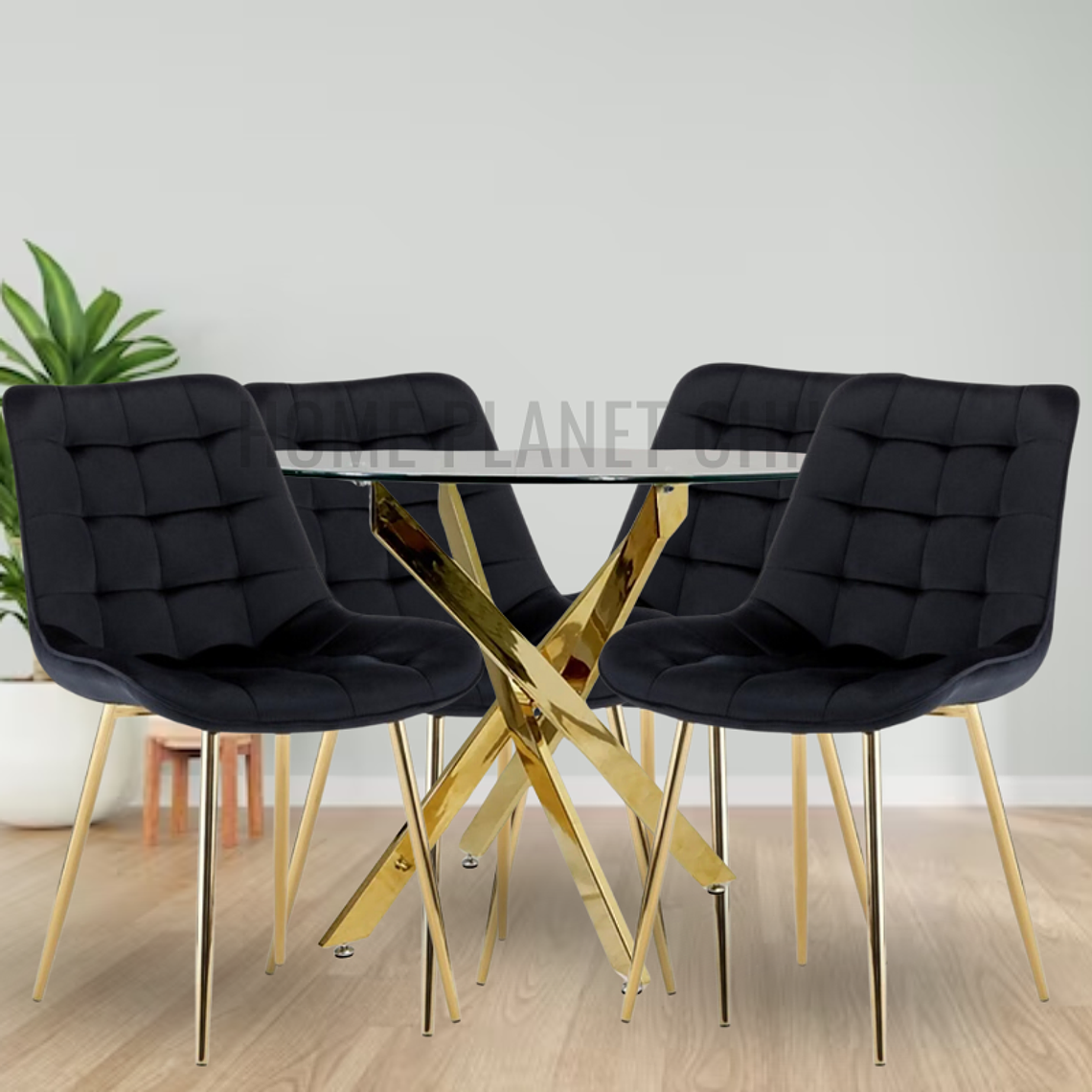Comedor Kemi Gold redondo vidrio 120 cm con 4 Sillas Capitone Gold 1