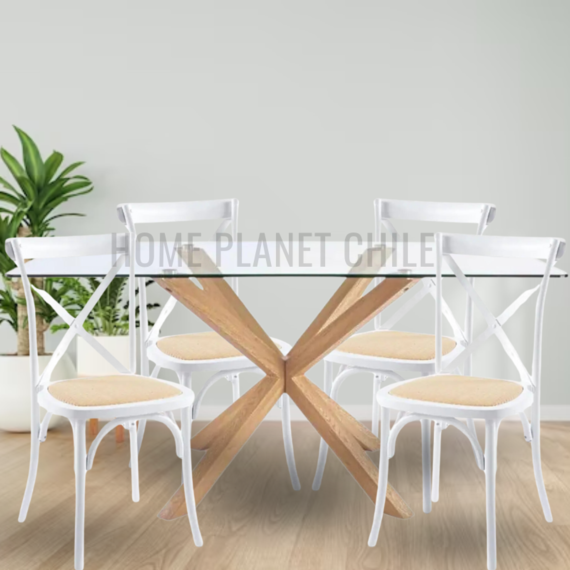 Comedor Esparta rectangular vidrio 160x90 cm con 4 Sillas Crossback Danubio madera rattan  1