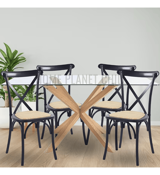 Comedor Esparta rectangular vidrio 140x80 cm con 4 Sillas Danubio madera rattan