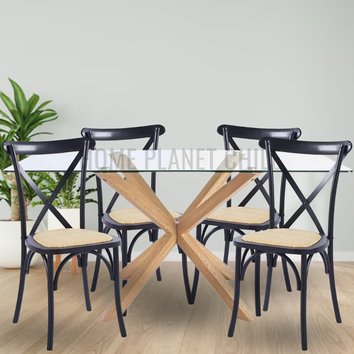 Comedor Esparta rectangular vidrio 140x80 cm con 4 Sillas Crossback Danubio madera rattan 1