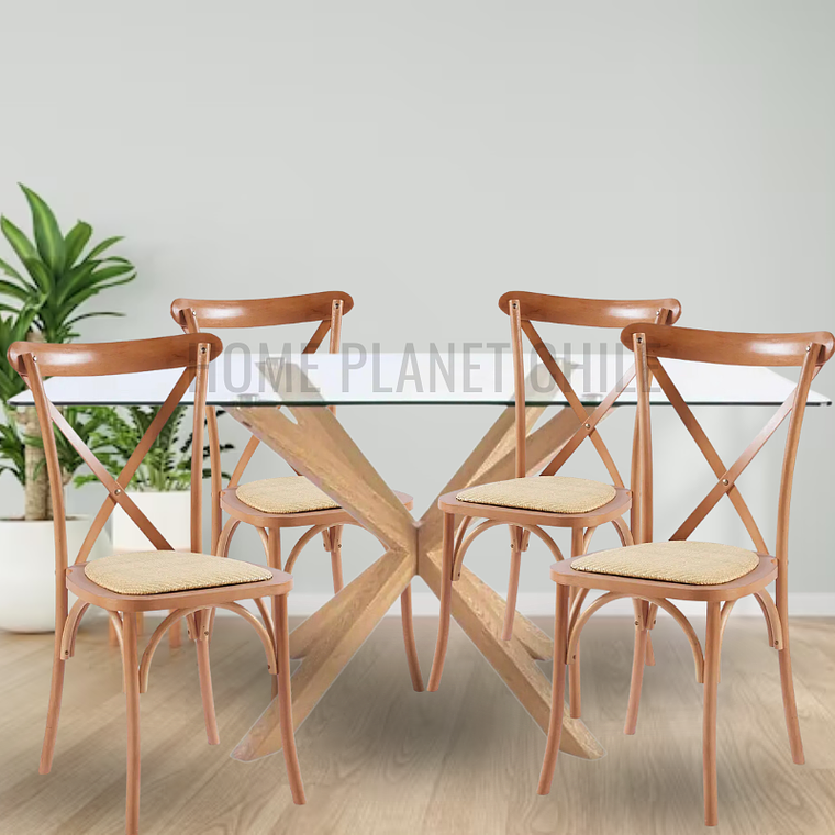 Comedor Esparta rectangular vidrio 140x80 cm con 4 Sillas Crossback Danubio madera rattan 3
