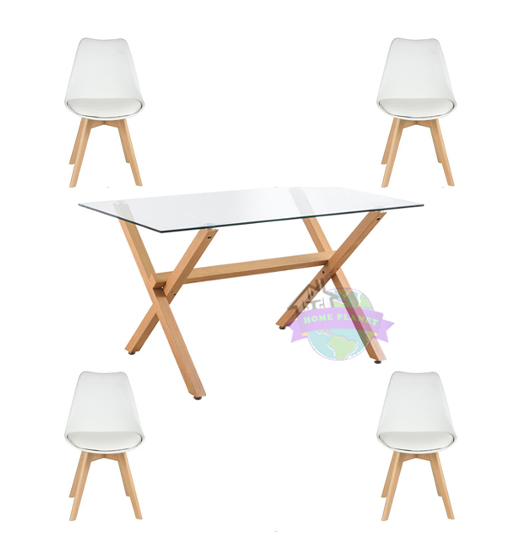 Comedor Estocolmo rectangular vidrio 130x80 cm con 4 Sillas Tulip