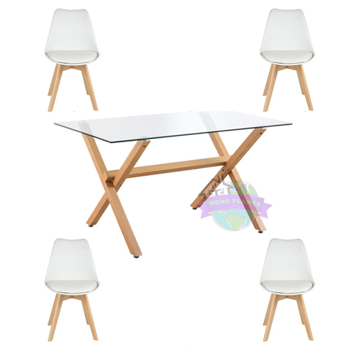 Comedor Estocolmo rectangular vidrio 130x80 cm con 4 Sillas Tulip 2