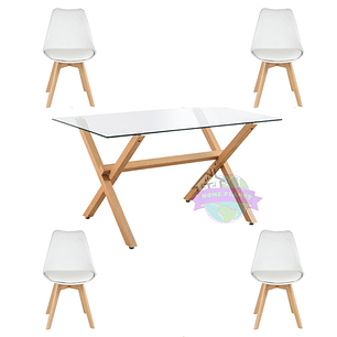 Comedor Estocolmo rectangular vidrio 130x80 cm con 4 Sillas Tulip