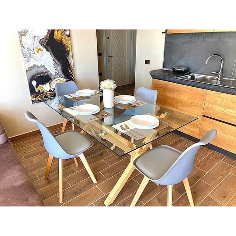 Comedor Estocolmo rectangular vidrio 130x80 cm con 4 Sillas Tulip 3