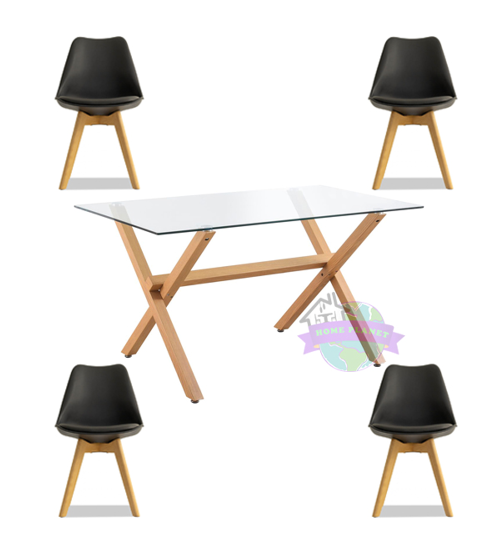 Comedor Estocolmo rectangular vidrio 130x80 cm con 4 Sillas Tulip