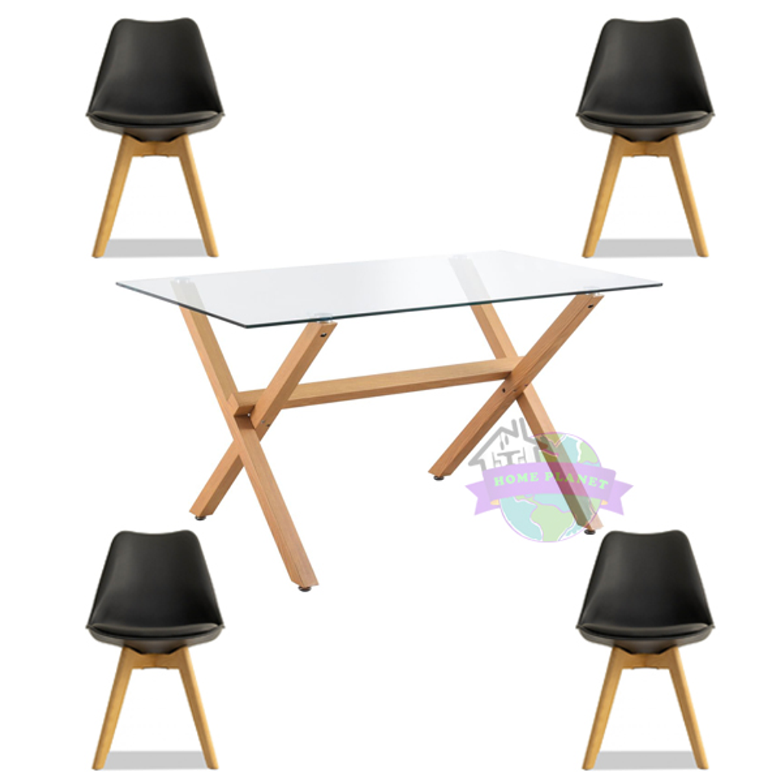 Comedor Estocolmo rectangular vidrio 130x80 cm con 4 Sillas Tulip 4