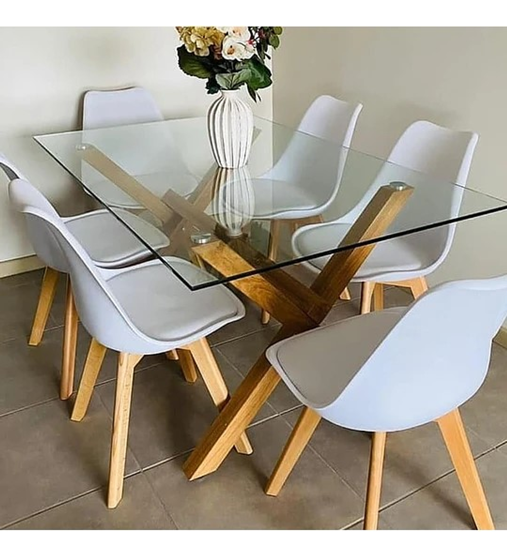 Comedor Estocolmo rectangular vidrio 130x80 cm con 6 Sillas Tulip