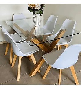 Comedor Estocolmo rectangular vidrio 130x80 cm con 6 Sillas Tulip