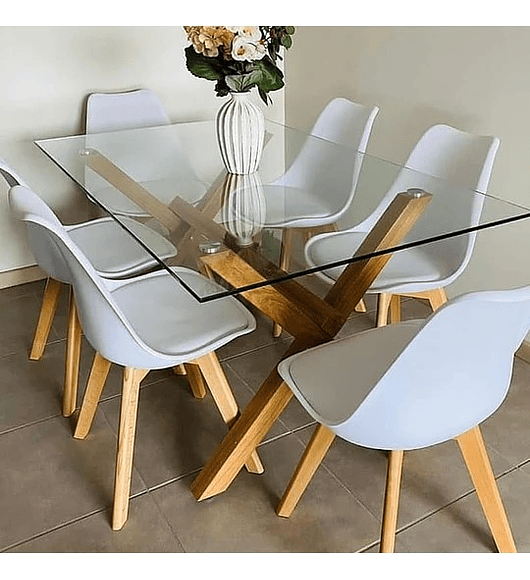 Comedor Estocolmo rectangular vidrio 130x80 cm con 6 Sillas Tulip