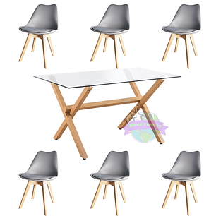 Comedor Estocolmo rectangular vidrio 130x80 cm con 6 Sillas Tulip