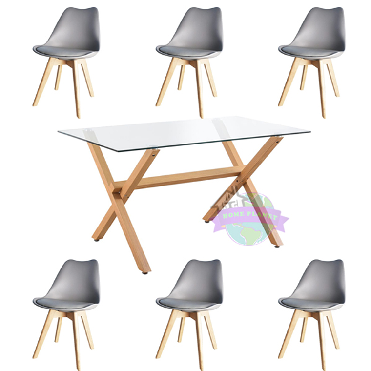 Comedor Estocolmo rectangular vidrio 130x80 cm con 6 Sillas Tulip 2