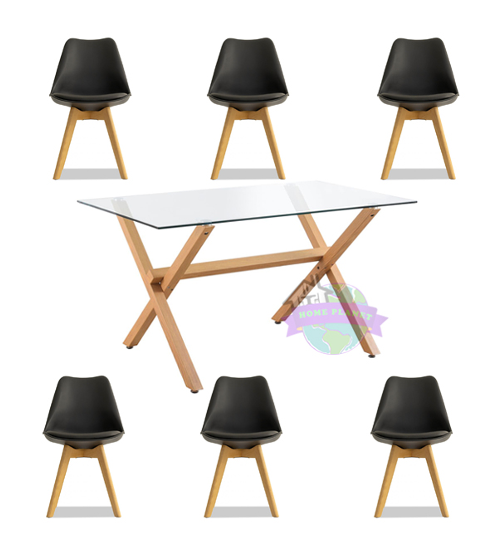 Comedor Estocolmo rectangular vidrio 130x80 cm con 6 Sillas Tulip