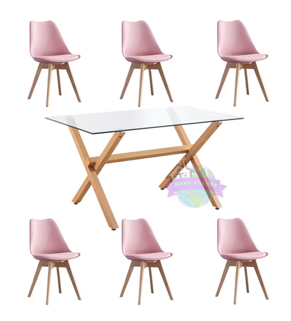 Comedor Estocolmo rectangular vidrio 130x80 cm con 6 Sillas Tulip