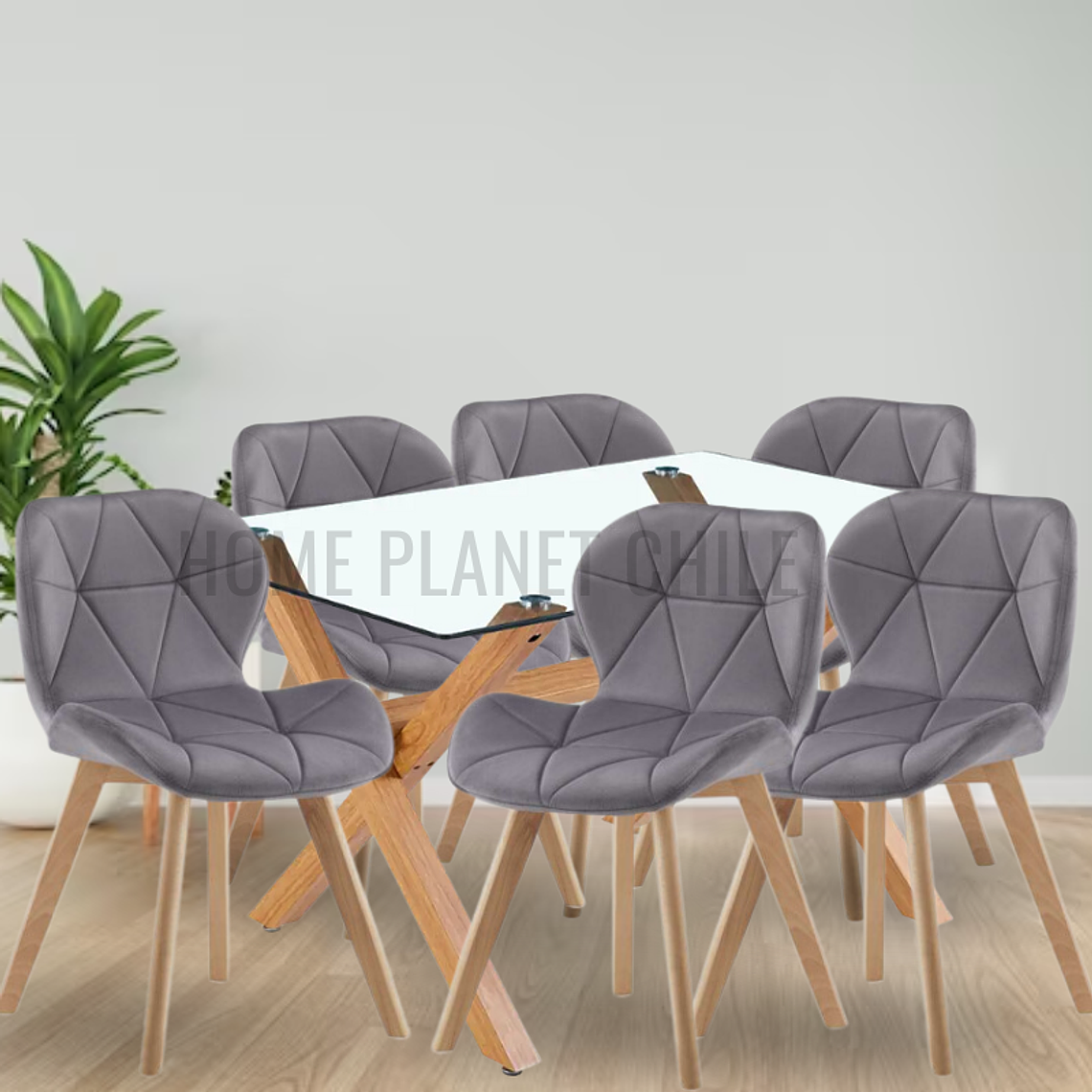 Comedor Hamar rectangular vidrio 140x90 cm con 6 Sillas Mariposas Rubik Wood Velvet 1