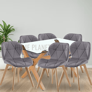 Comedor Hamar rectangular vidrio 140x90 cm con 6 Sillas Mariposas Rubik Wood Velvet