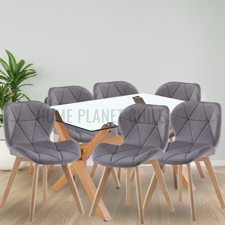 Comedor Hamar rectangular vidrio 140x90 cm con 6 Sillas Mariposas Rubik Wood Velvet 1