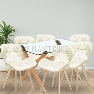 Comedor Hamar rectangular vidrio 140x90 cm con 6 Sillas Mariposas Rubik Wood Velvet