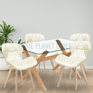 Comedor Hamar rectangular vidrio 140x90 cm con 4 Sillas Mariposas Rubik Wood Velvet