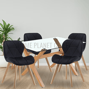 Comedor Hamar rectangular vidrio 140x90 cm con 4 Sillas Mariposas Rubik Wood Velvet
