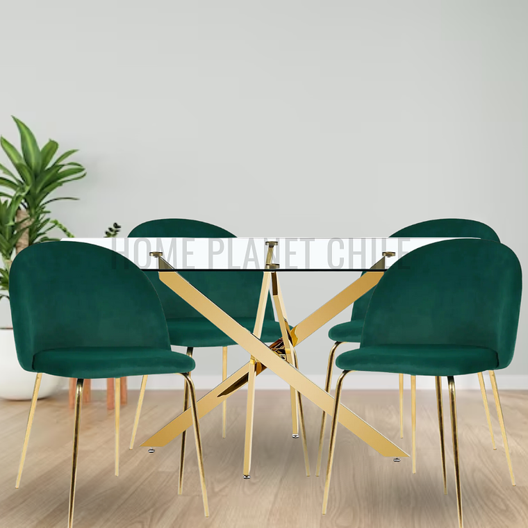Comedor Emiratos Gold rectangular 140x80 cm con 4 Sillas Breda Gold Velvet 2